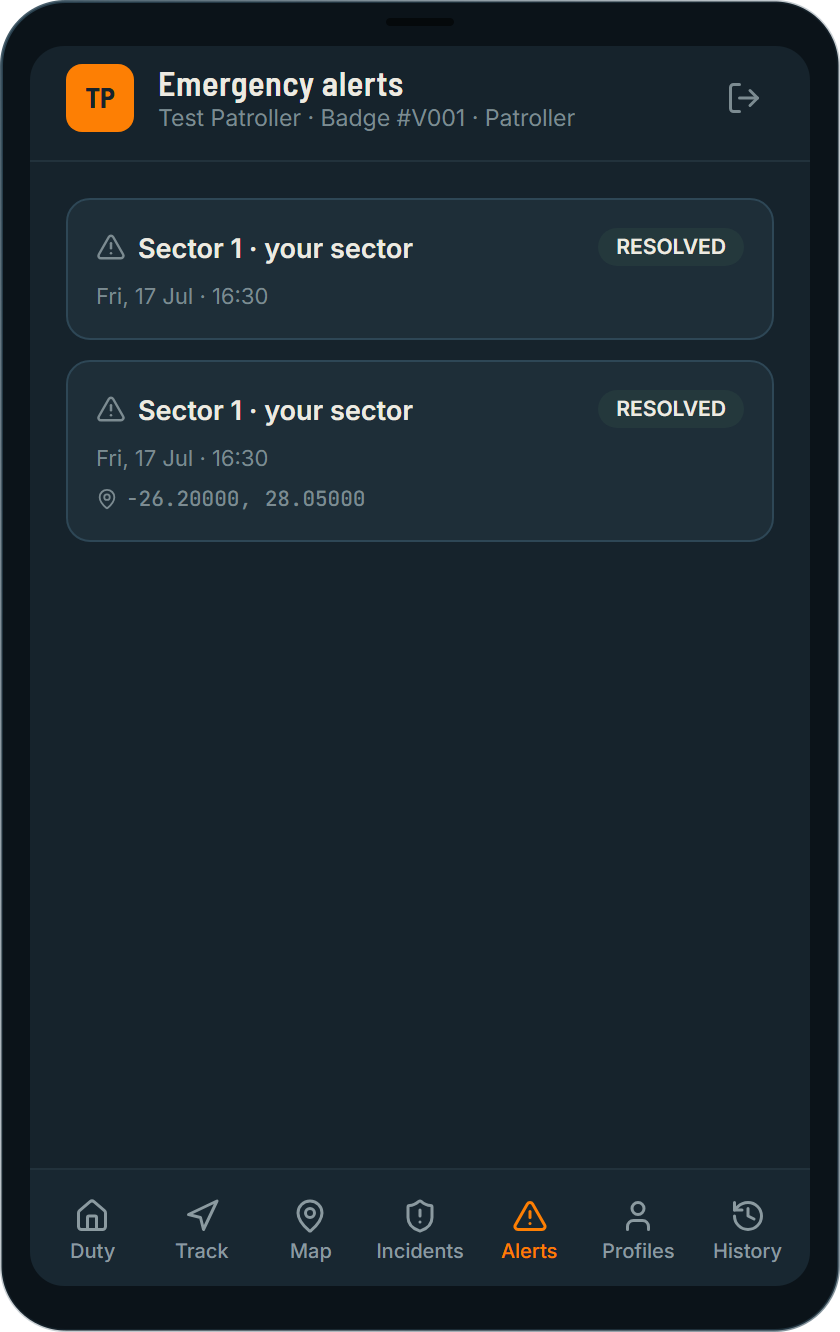Emergency alerts screen showing resolved sector alerts