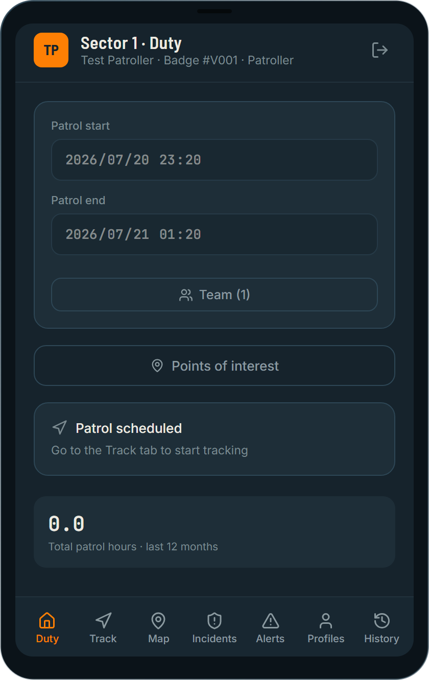 Duty screen showing a scheduled patrol, team size and total patrol hours