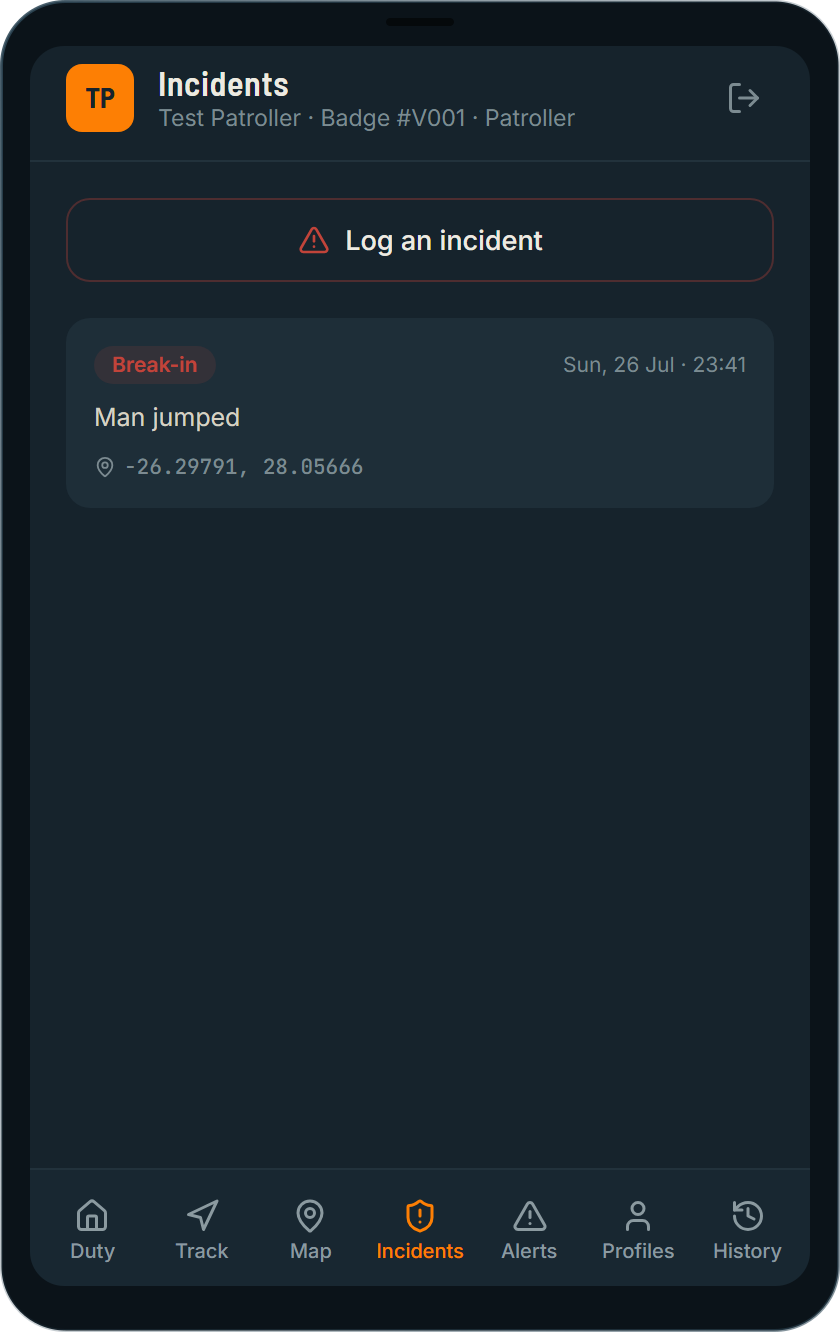 Incidents screen showing a logged break-in report with time and location